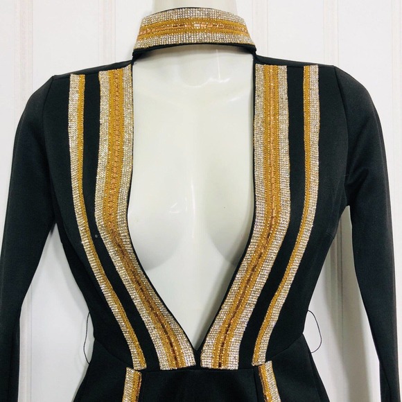 Fashion Nova Romper Black Gold Silver Rhinestone Studs Beads - Picture 7 of 10